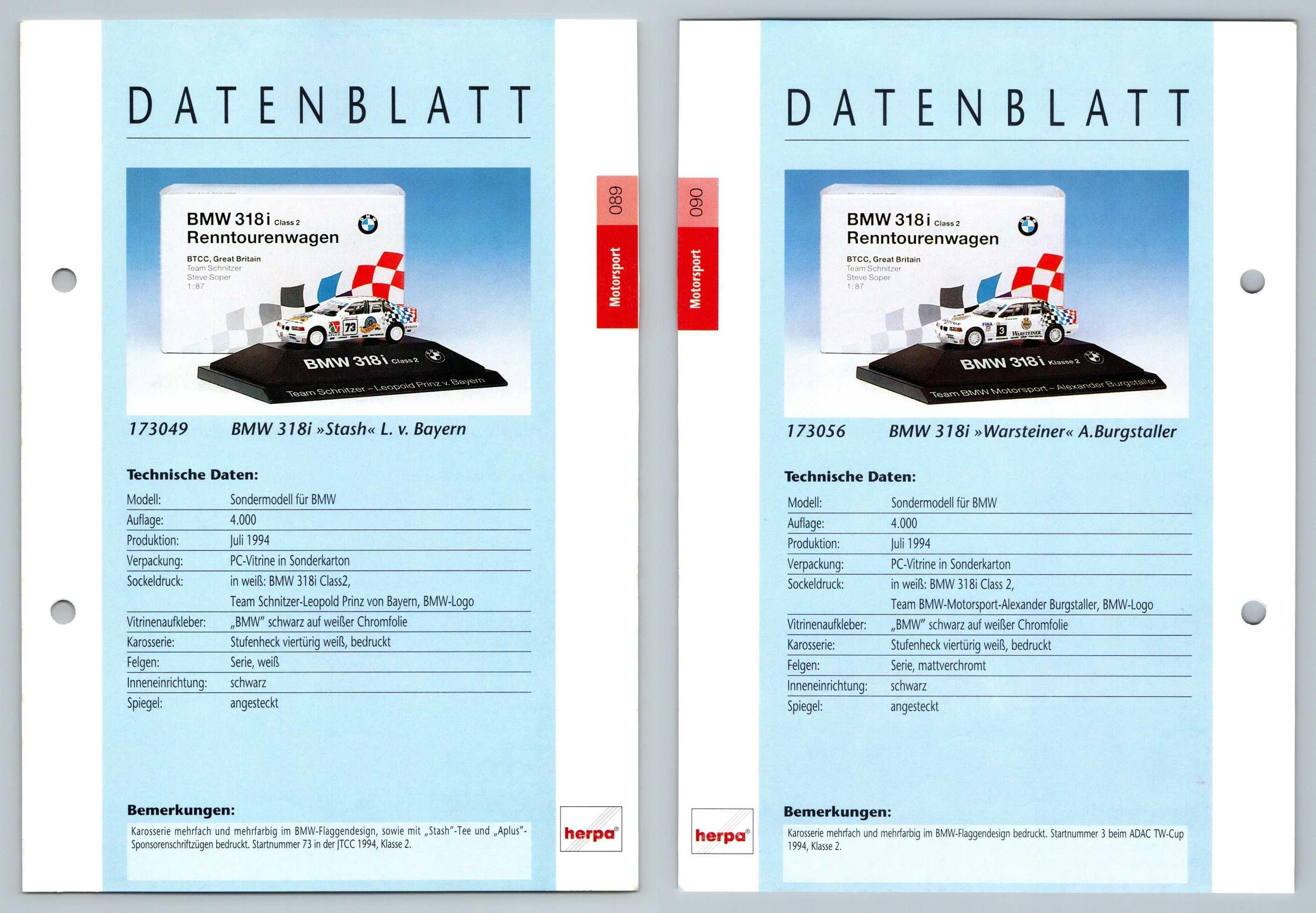 BMW 318i Stash / Warsteiner #89/90 Motorsport - Herpa Data Sheet-Breakoutcards