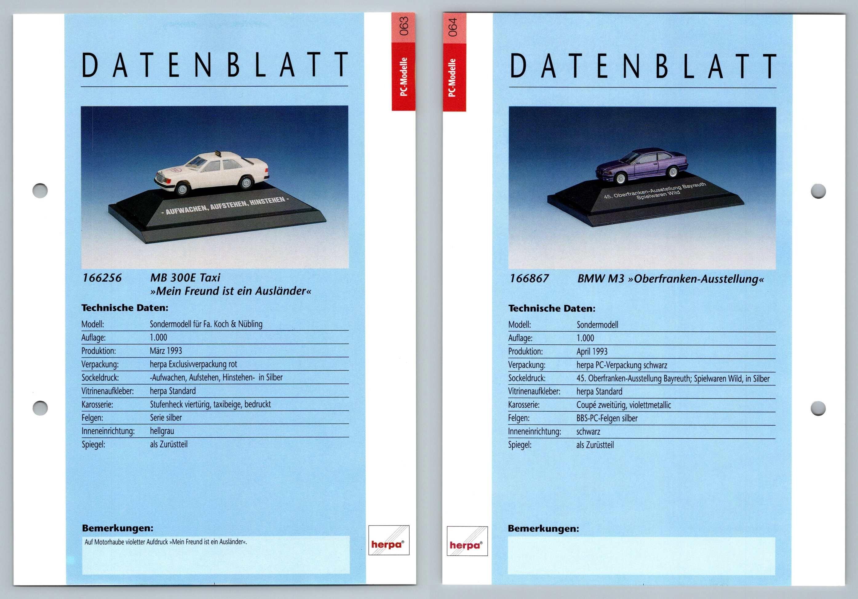 Mercedes Benz 300E Taxi / BMW M3 #63/64 PC-Modelle - Herpa Data Sheet-Breakoutcards