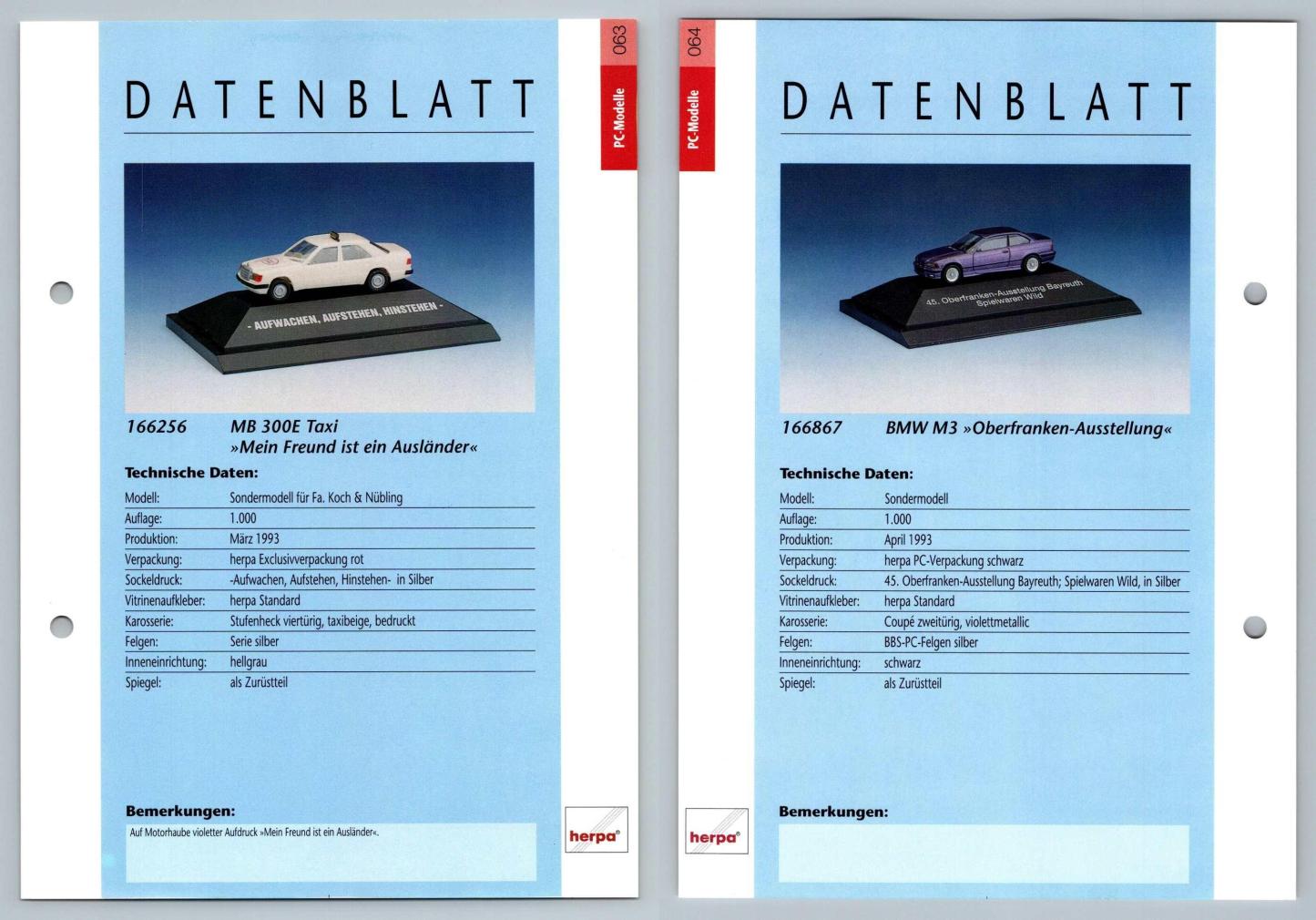 Mercedes Benz 300E Taxi / BMW M3 #63/64 PC-Modelle - Herpa Data Sheet-Breakoutcards