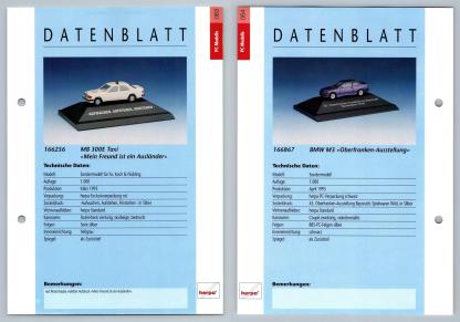 Mercedes Benz 300E Taxi / BMW M3 #63/64 PC-Modelle - Herpa Data Sheet-Breakoutcards