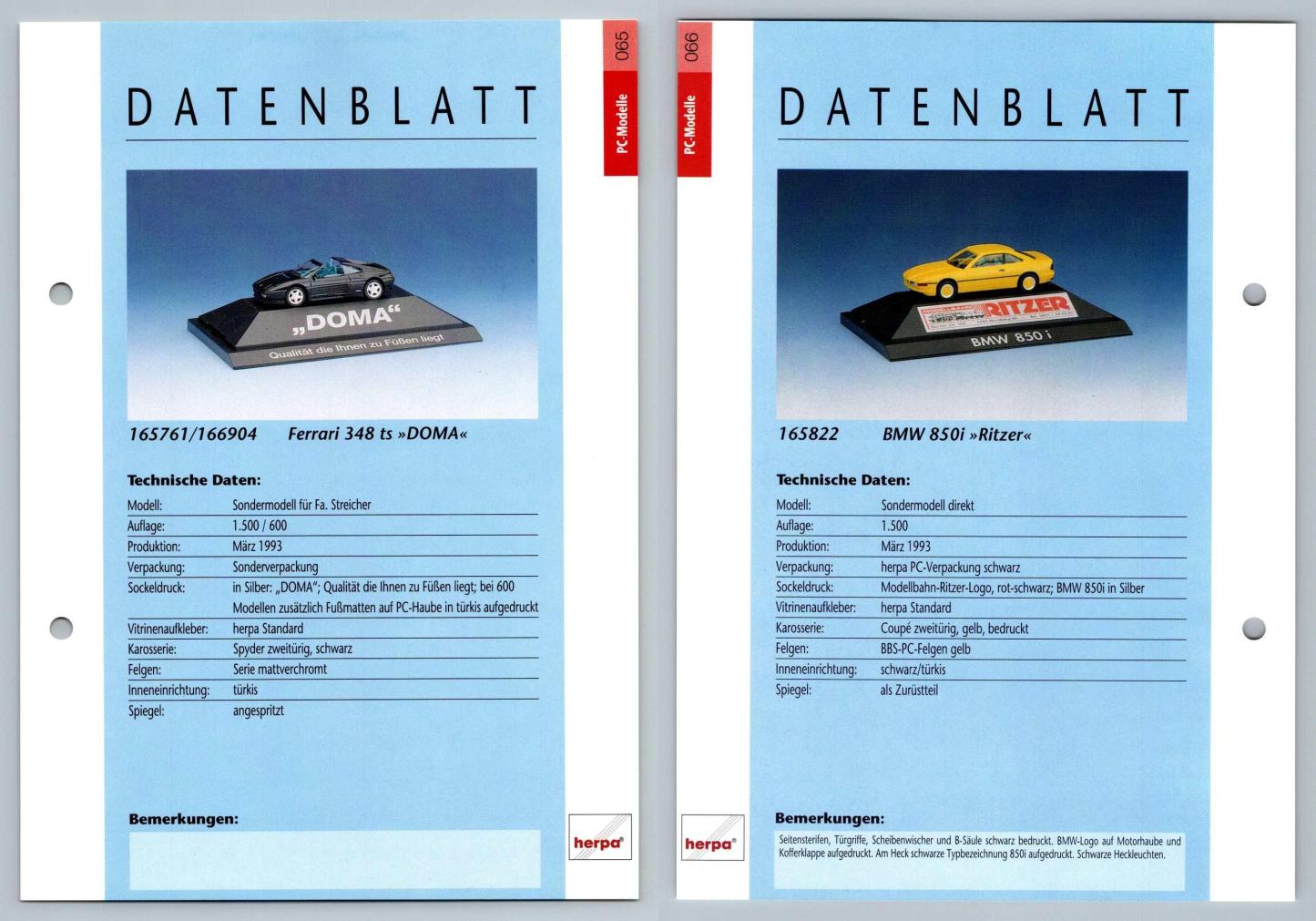 Ferrari 348 ts / BMW850i #65/66 PC-Modelle - Herpa Data Sheet-Breakoutcards