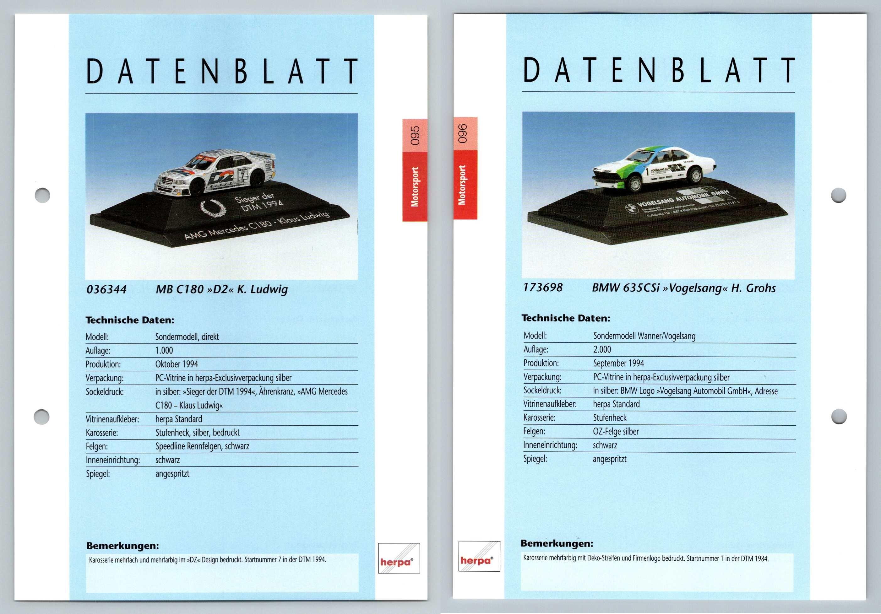 Mercedes Benz C180 / BMW 635CSi #95/96 Motorsport - Herpa Data Sheet-Breakoutcards