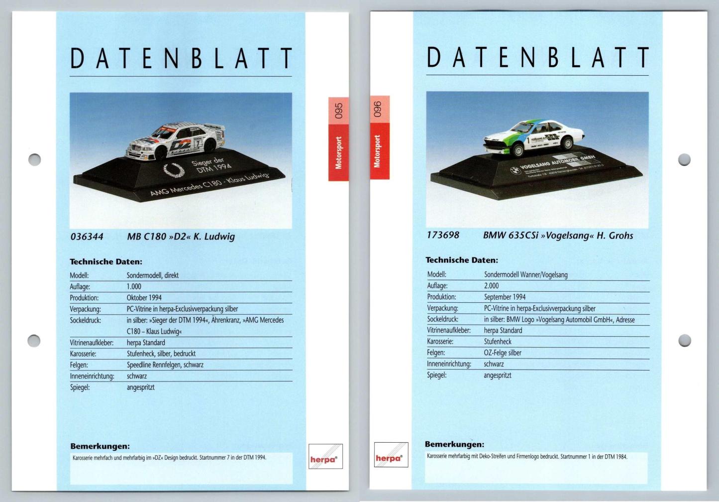 Mercedes Benz C180 / BMW 635CSi #95/96 Motorsport - Herpa Data Sheet-Breakoutcards