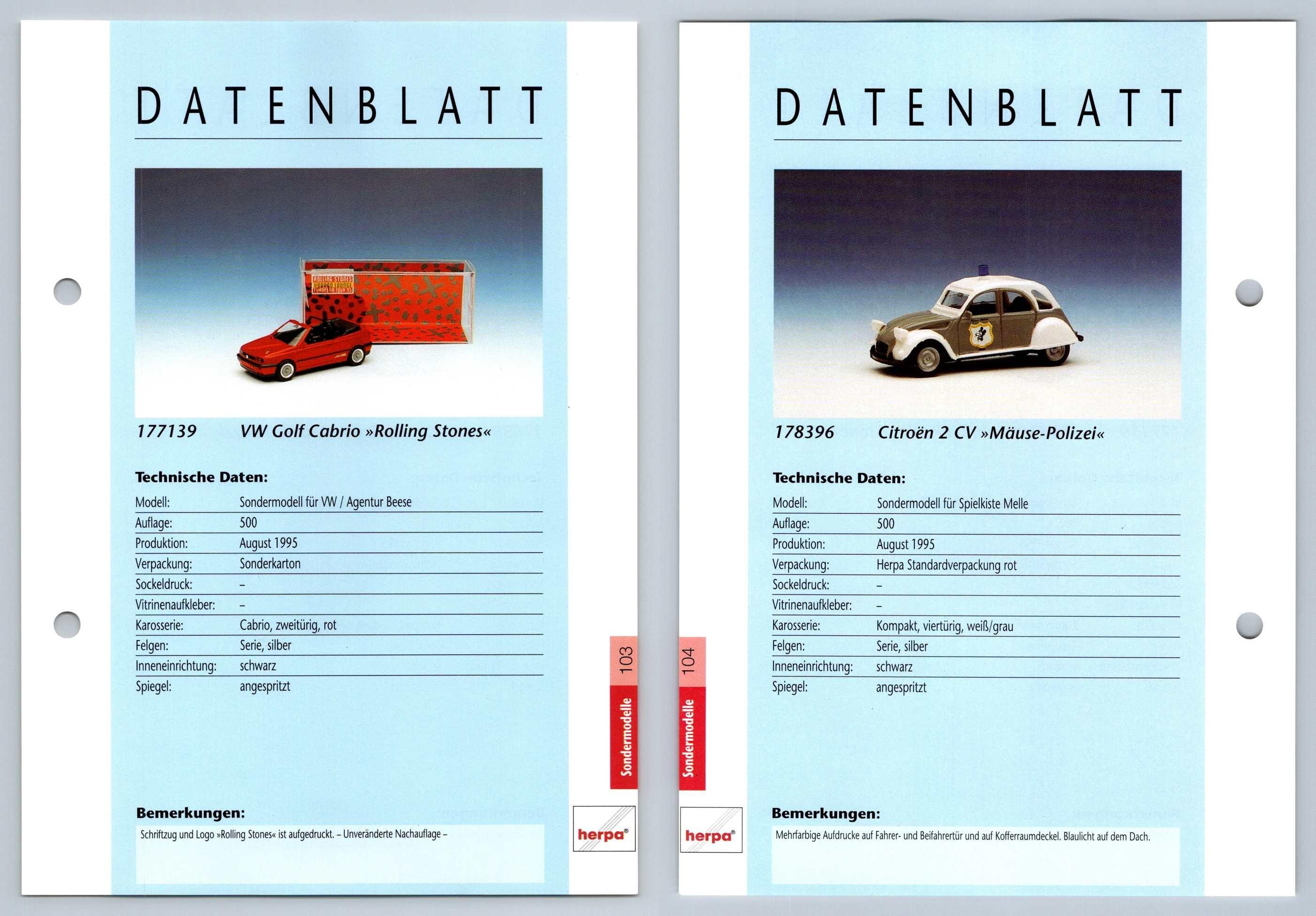 VW Golf Cabrio / Citroen 2 CV #103/104 Sondermodelle - Herpa Data Sheet-Breakoutcards