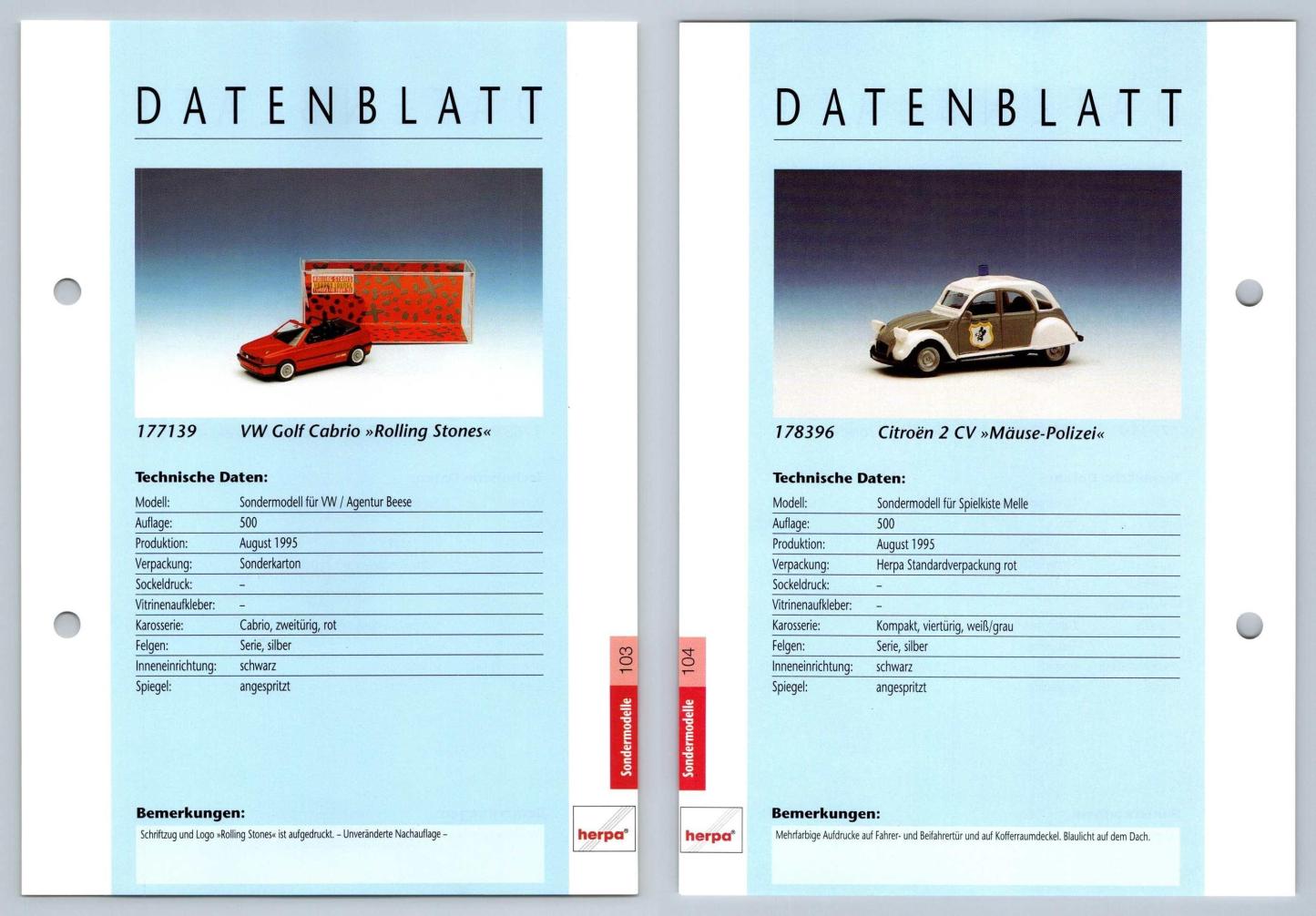 VW Golf Cabrio / Citroen 2 CV #103/104 Sondermodelle - Herpa Data Sheet-Breakoutcards