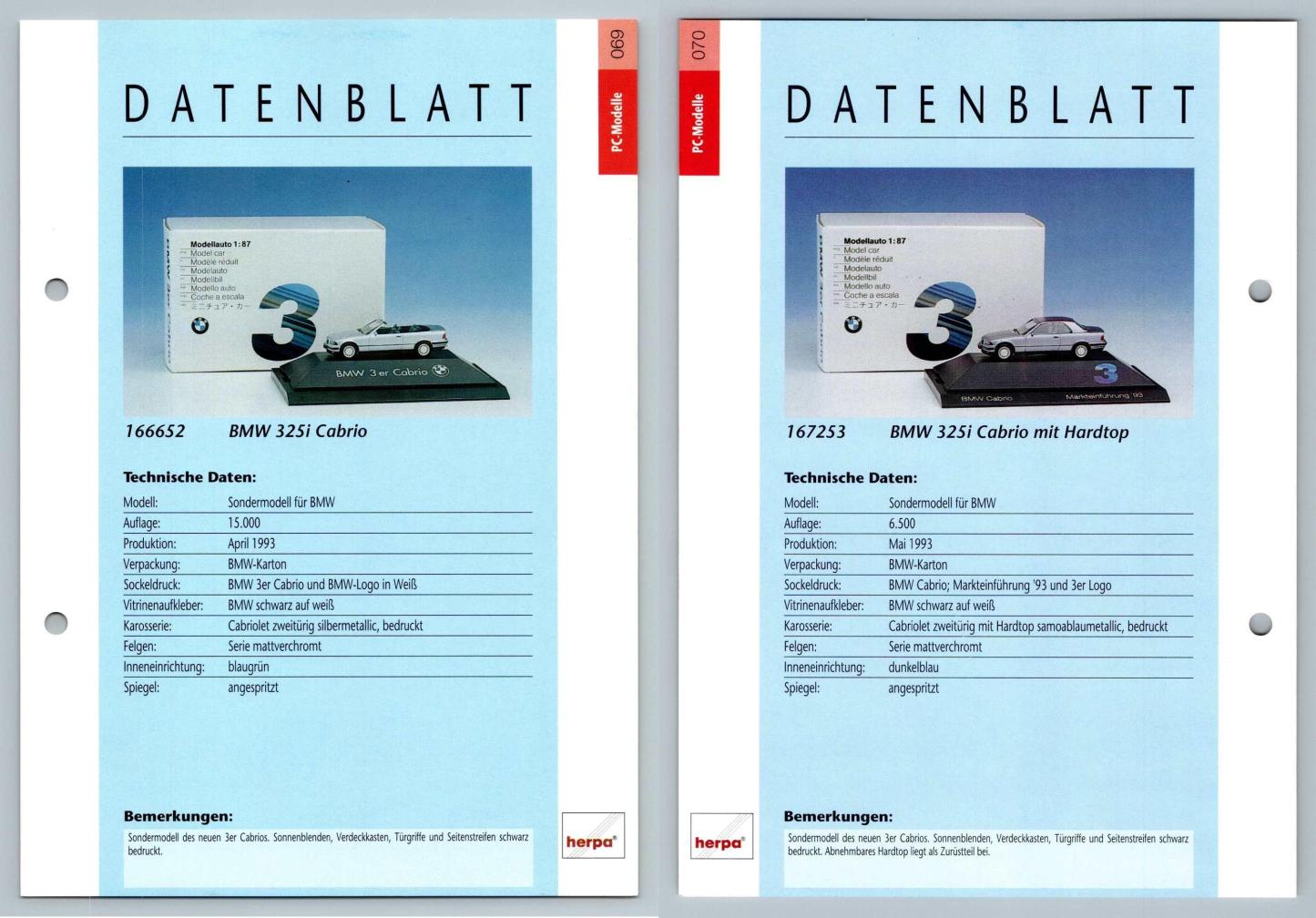 BMW 325i Cabrio / mit Hardtop #71/72 PC-Modelle - Herpa Data Sheet-Breakoutcards