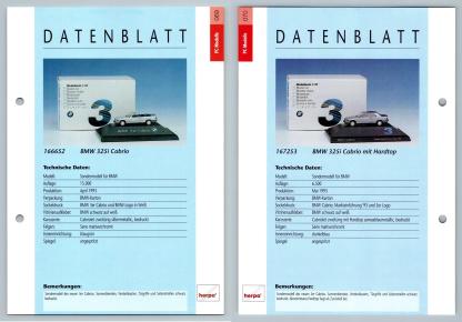 BMW 325i Cabrio / mit Hardtop #71/72 PC-Modelle - Herpa Data Sheet-Breakoutcards