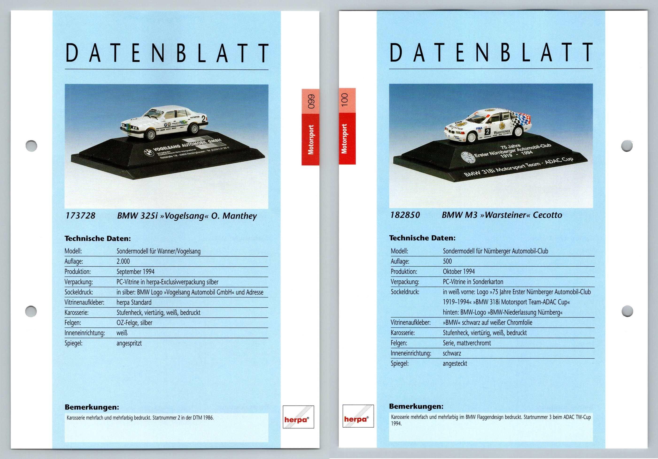 BMW 325i / BMW M3 #99/100 Motorsport - Herpa Data Sheet-Breakoutcards