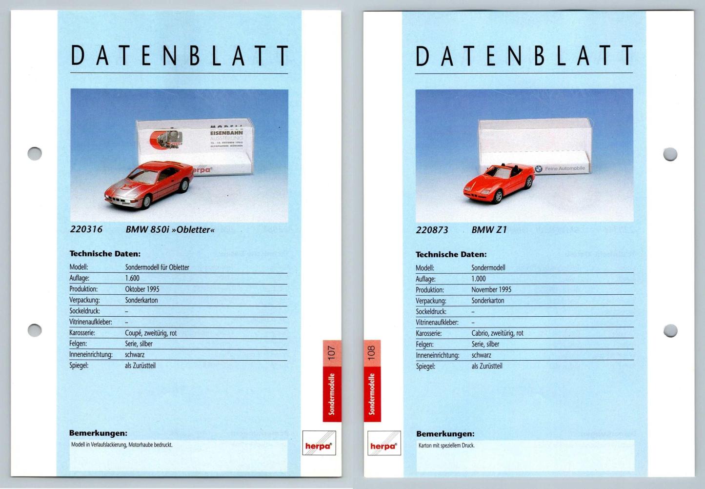 BMW 850i / BMW Z1 #107/108 Sondermodelle - Herpa Data Sheet-Breakoutcards
