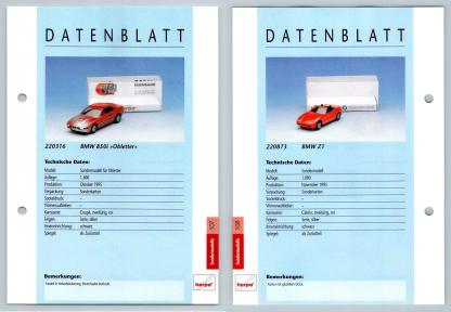 BMW 850i / BMW Z1 #107/108 Sondermodelle - Herpa Data Sheet-Breakoutcards