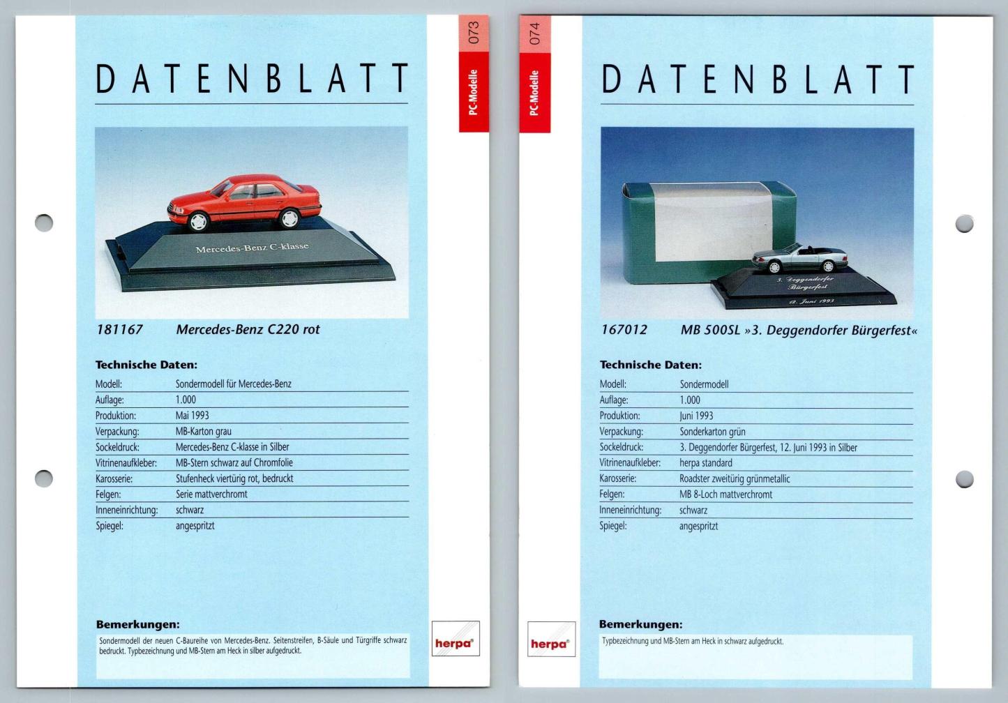 Mercedes Benz C220 / 500SL #73/4 PC-Modelle - Herpa Data Sheet-Breakoutcards
