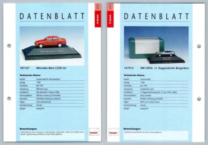 Mercedes Benz C220 / 500SL #73/4 PC-Modelle - Herpa Data Sheet-Breakoutcards