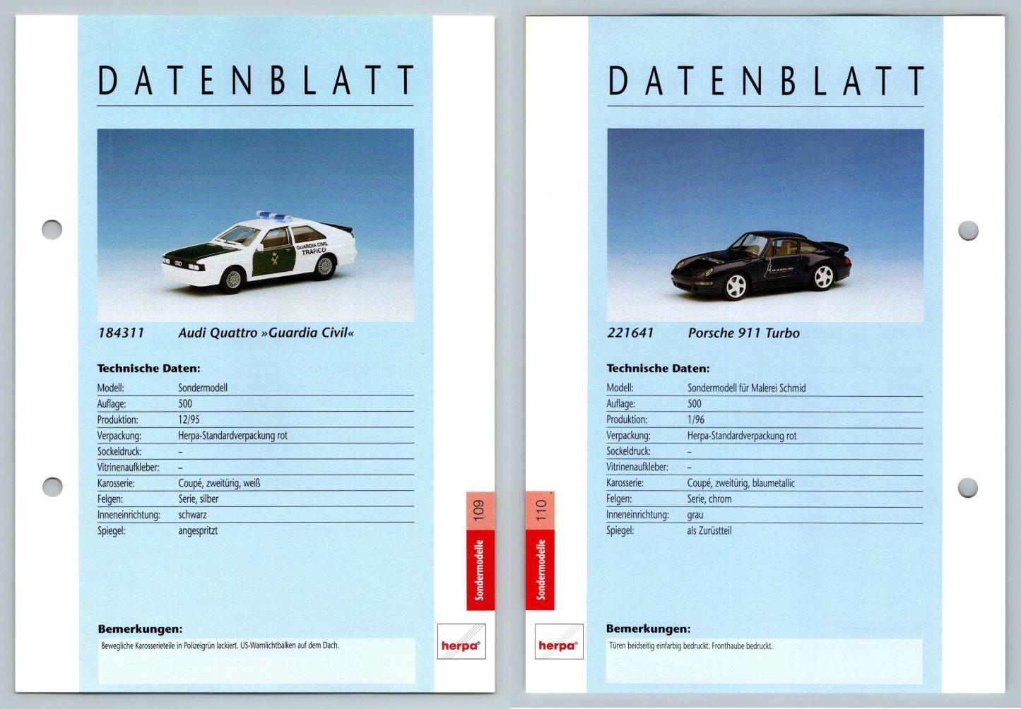 Audi Quattro / Porsche 911 Turbo #109/110 Sondermodelle - Herpa Data Sheet-Breakoutcards