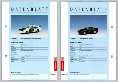 Audi Quattro / Porsche 911 Turbo #109/110 Sondermodelle - Herpa Data Sheet-Breakoutcards
