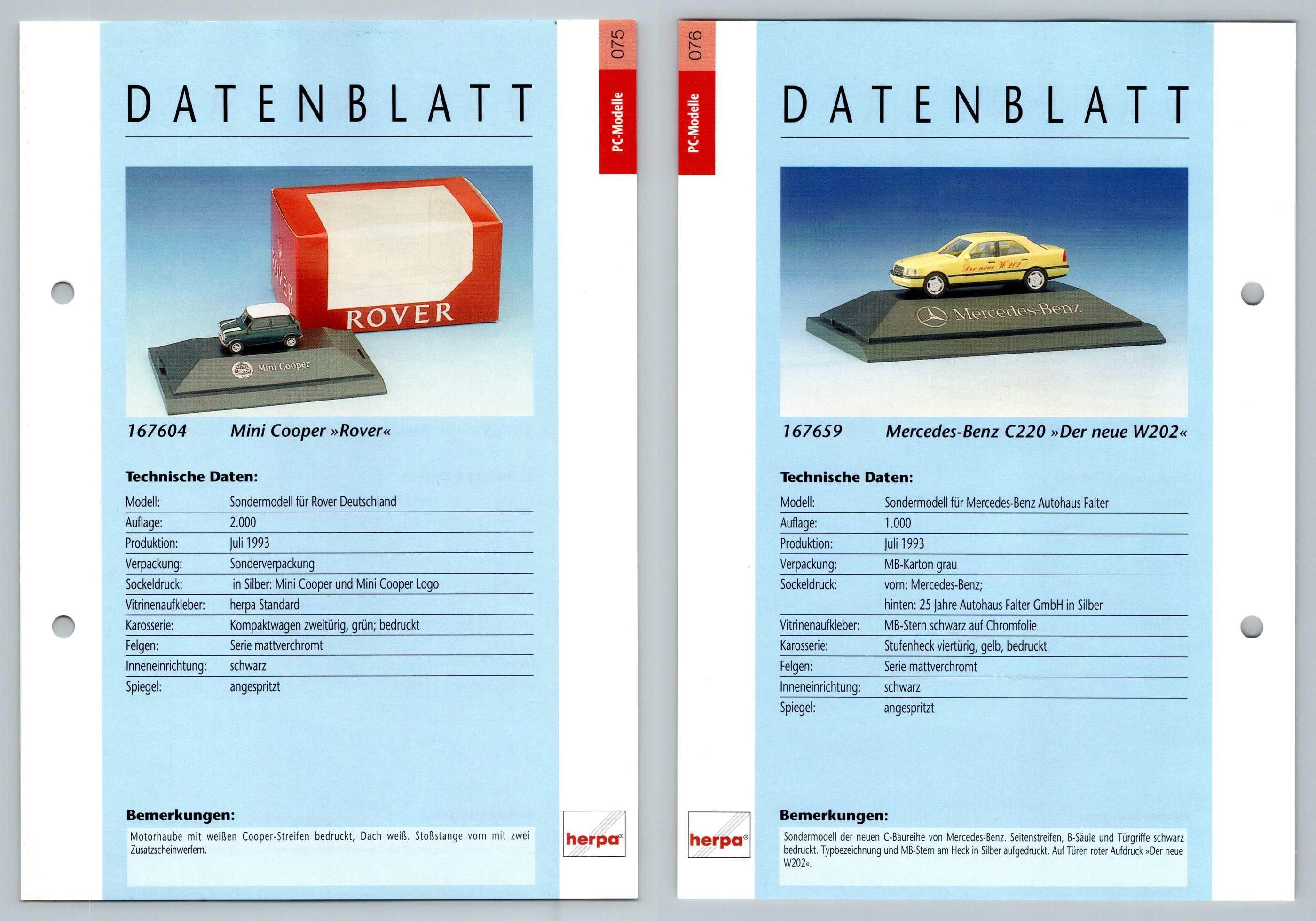 Mini Cooper / Mercedes Benz C220 #75/6 PC-Modelle - Herpa Data Sheet-Breakoutcards