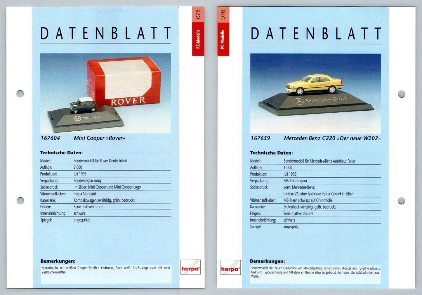 Mini Cooper / Mercedes Benz C220 #75/6 PC-Modelle - Herpa Data Sheet-Breakoutcards
