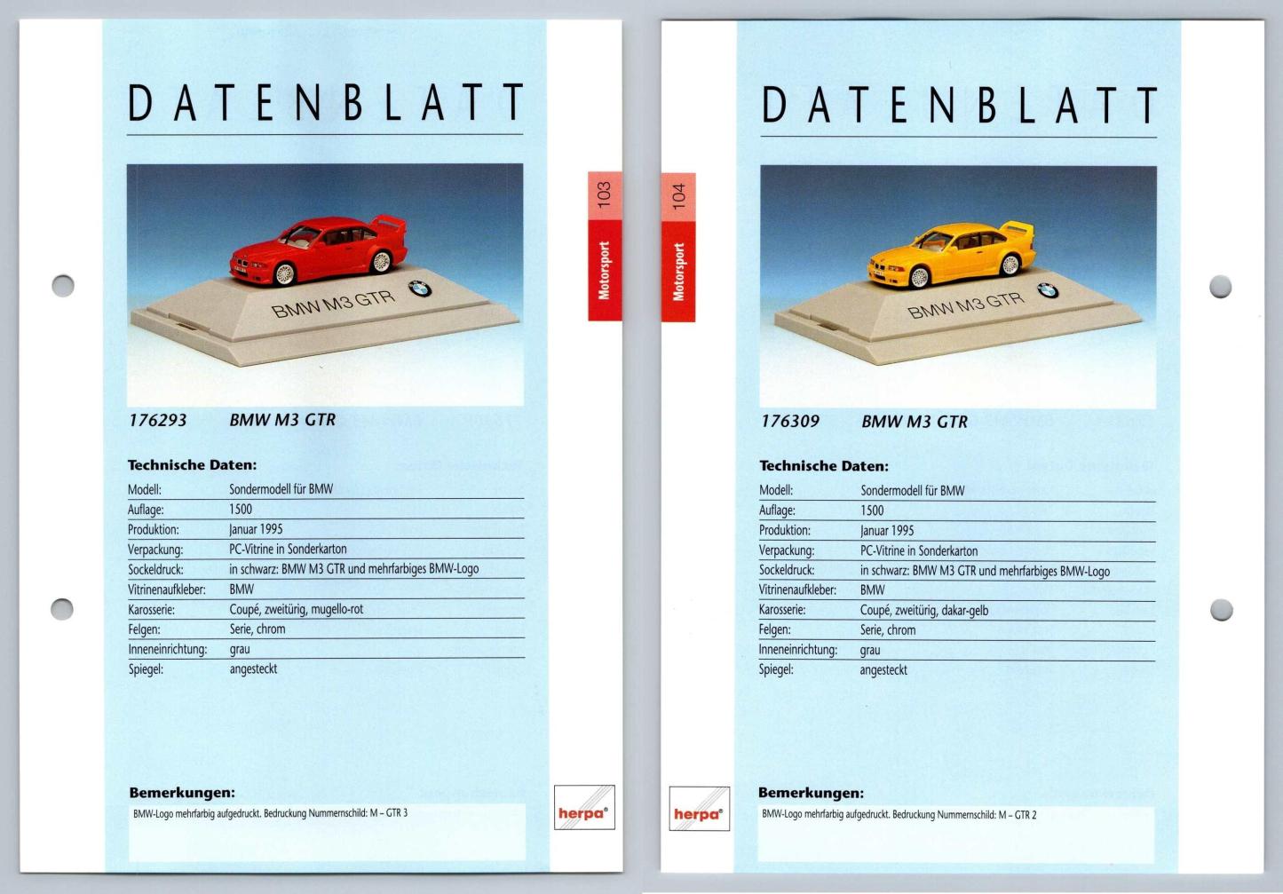 BMW M3 GTR #103/104 Motorsport - Herpa Data Sheet-Breakoutcards