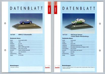 BMW Z1 / VW Pssat Polizei #78/9 PC-Modelle - Herpa Data Sheet-Breakoutcards