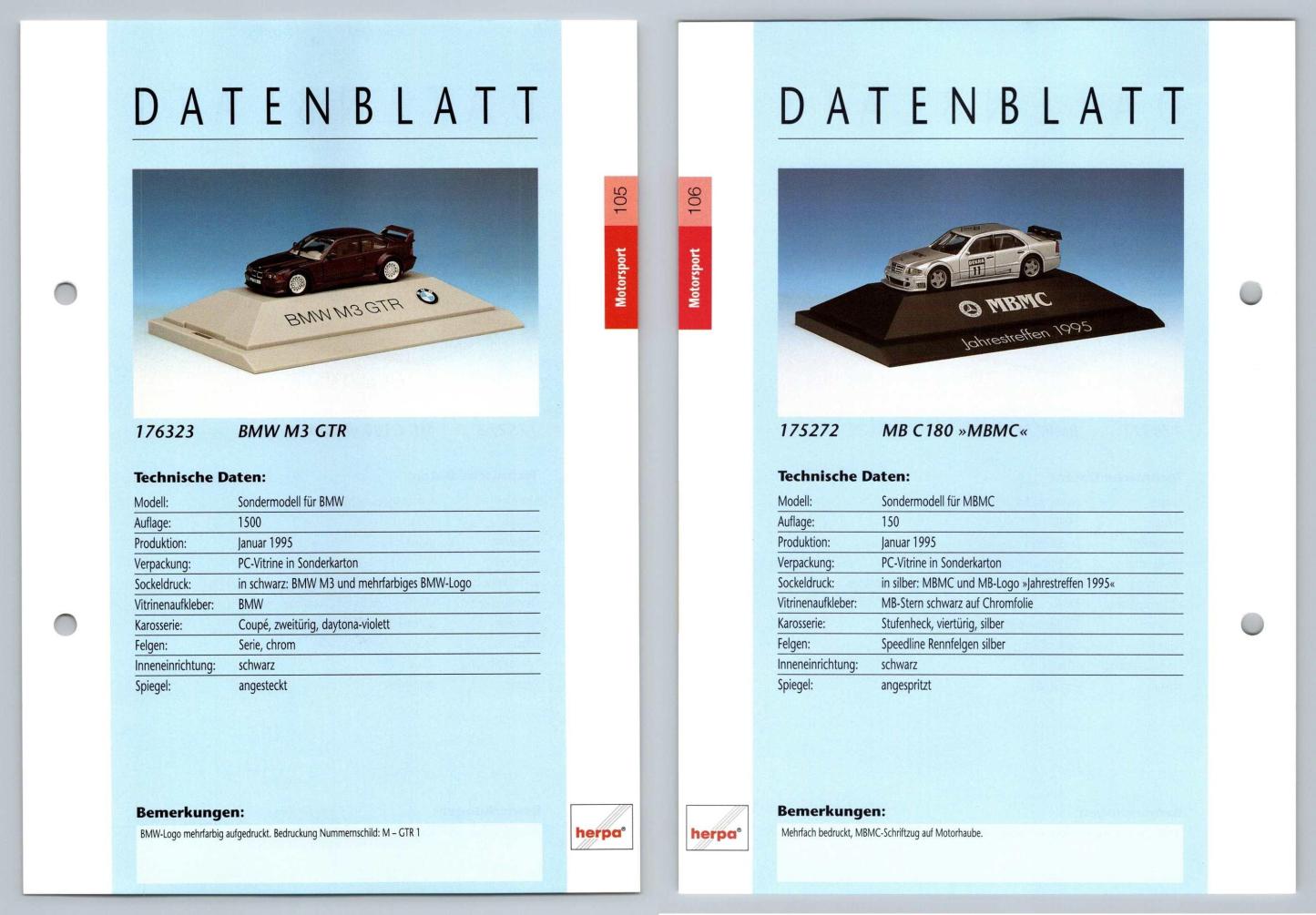 BMW M3 GTR / MB C180 MBMC #105/106 Motorsport - Herpa Data Sheet-Breakoutcards