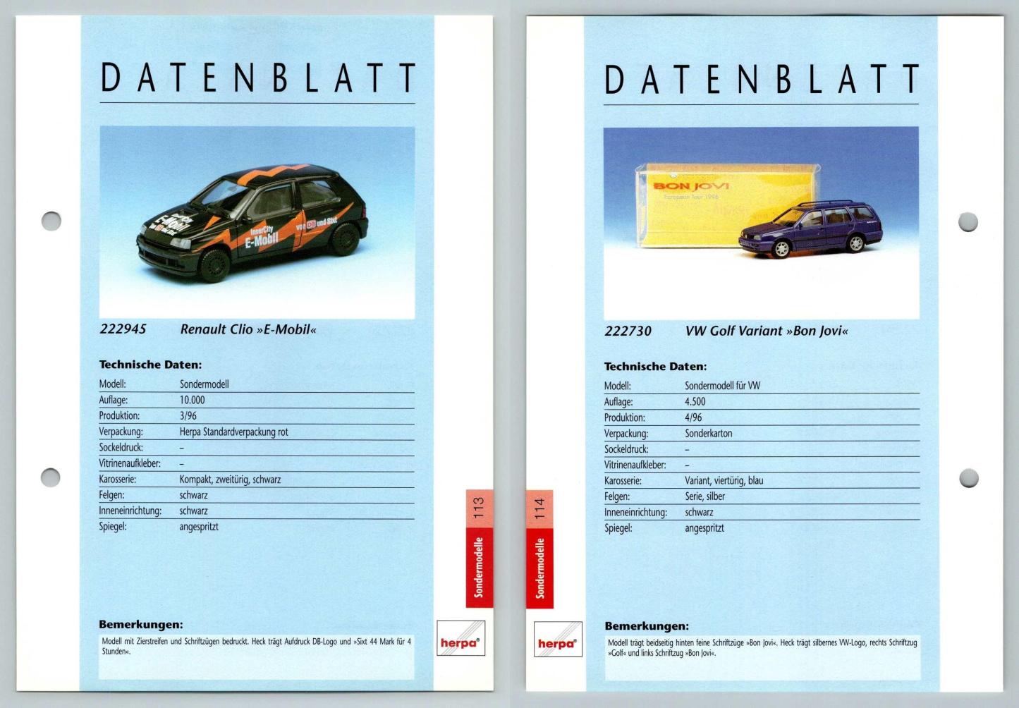 Renault Clio / VW Golf #113/114 Sondermodelle - Herpa Data Sheet-Breakoutcards