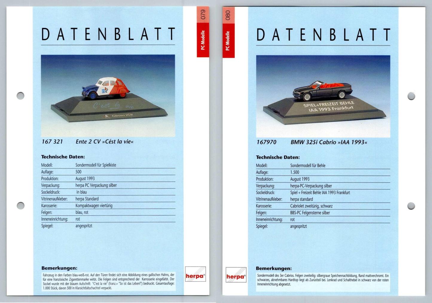 Ente 2 CV / BMW 325i Cabrio #79/80 PC-Modelle - Herpa Data Sheet-Breakoutcards