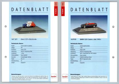 Ente 2 CV / BMW 325i Cabrio #79/80 PC-Modelle - Herpa Data Sheet-Breakoutcards