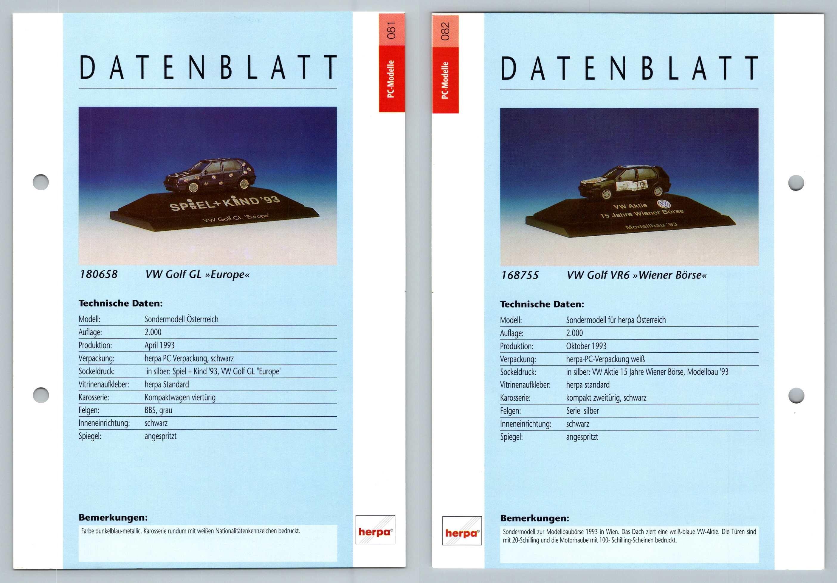 VW Golf GL / VR6 #81/82 PC-Modelle - Herpa Data Sheet-Breakoutcards