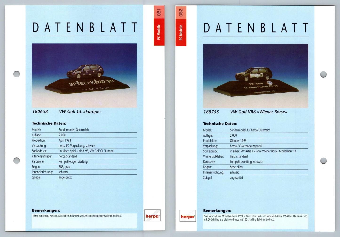 VW Golf GL / VR6 #81/82 PC-Modelle - Herpa Data Sheet-Breakoutcards