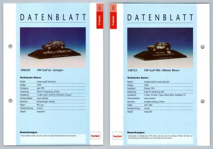 VW Golf GL / VR6 #81/82 PC-Modelle - Herpa Data Sheet-Breakoutcards