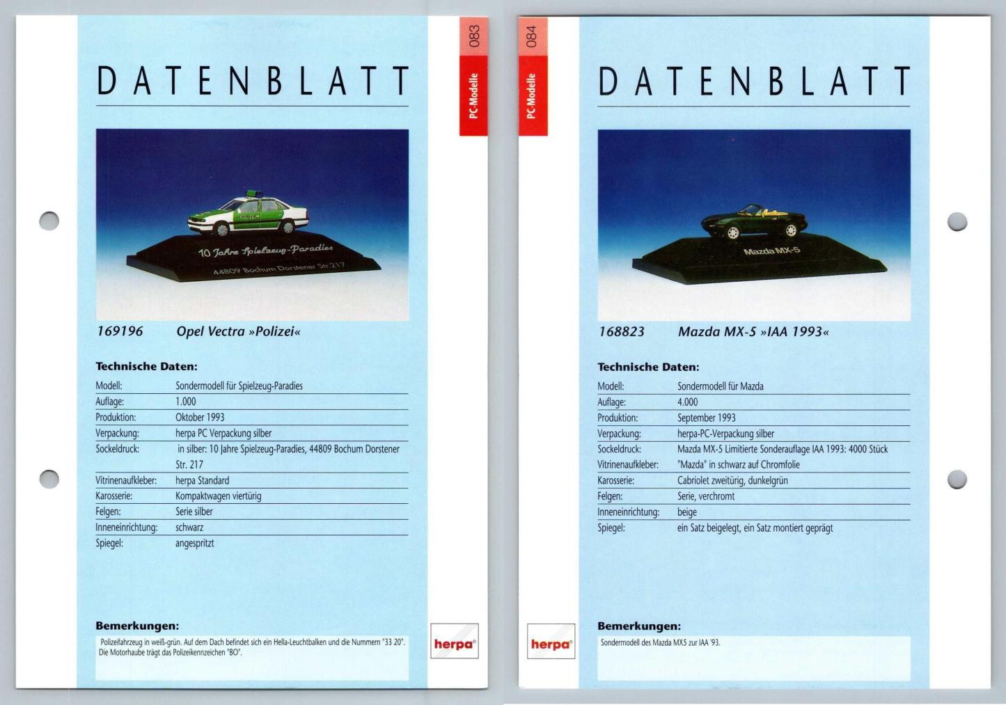Opel Vecra / Mazda MX-5 #84/5 PC-Modelle - Herpa Data Sheet-Breakoutcards