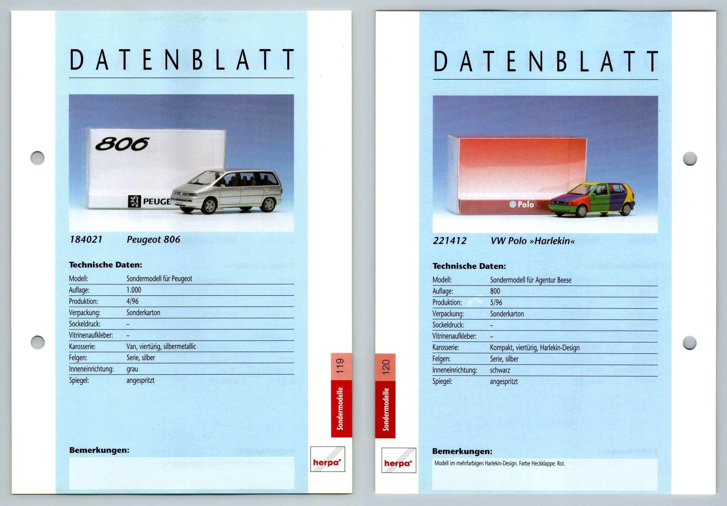 Peugeot 806 / VW Polo #119/120 Sondermodelle - Herpa Data Sheet-Breakoutcards