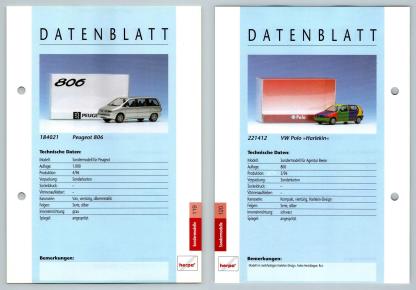 Peugeot 806 / VW Polo #119/120 Sondermodelle - Herpa Data Sheet-Breakoutcards