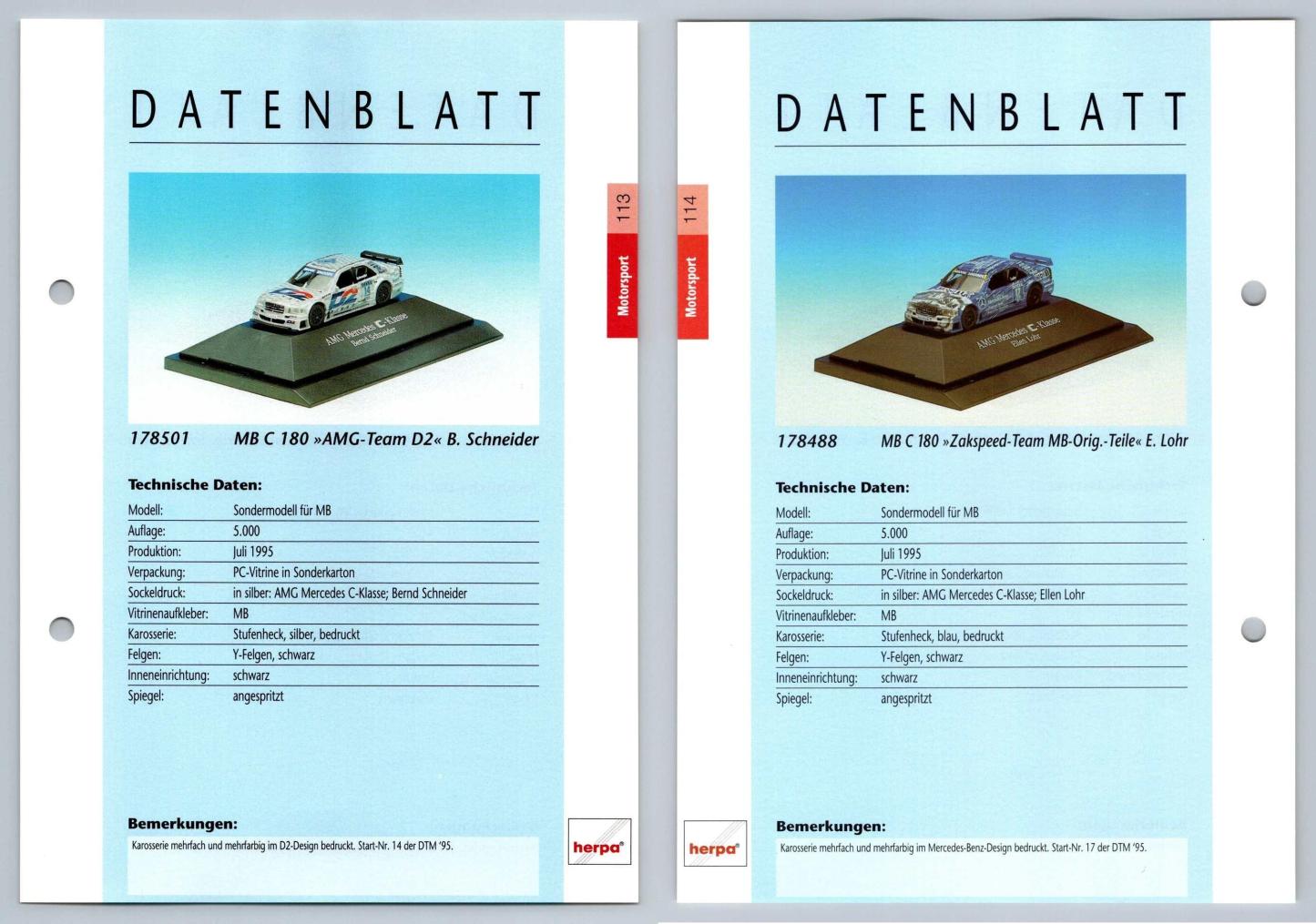 MB C180 AMG / Zakspeed Team #113/114 Motorsport - Herpa Data Sheet-Breakoutcards