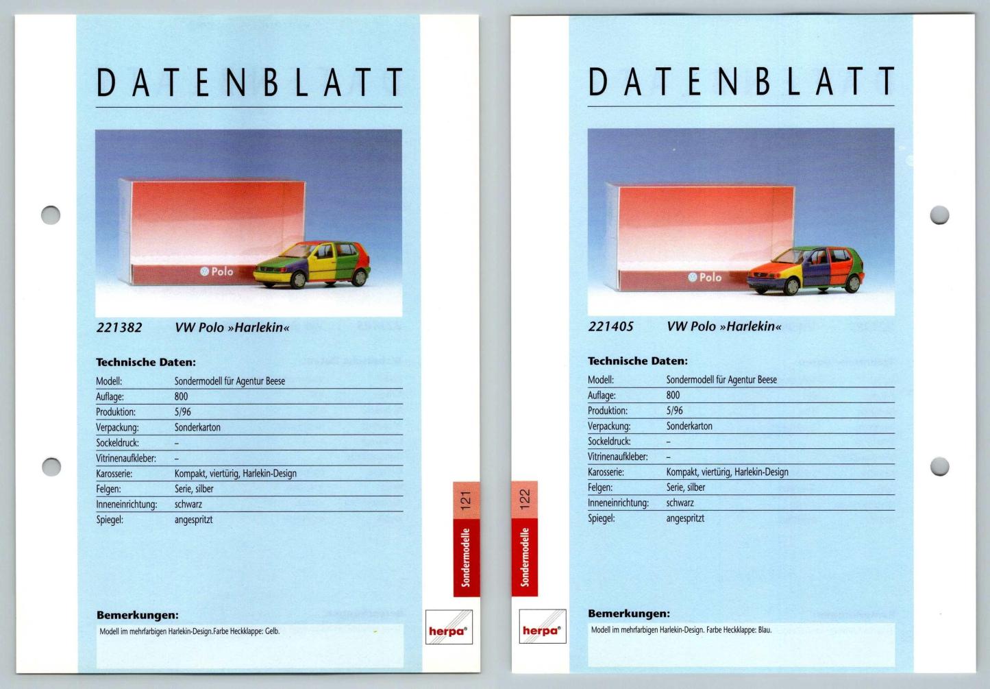 VW Polo #121/122 Sondermodelle - Herpa Data Sheet-Breakoutcards
