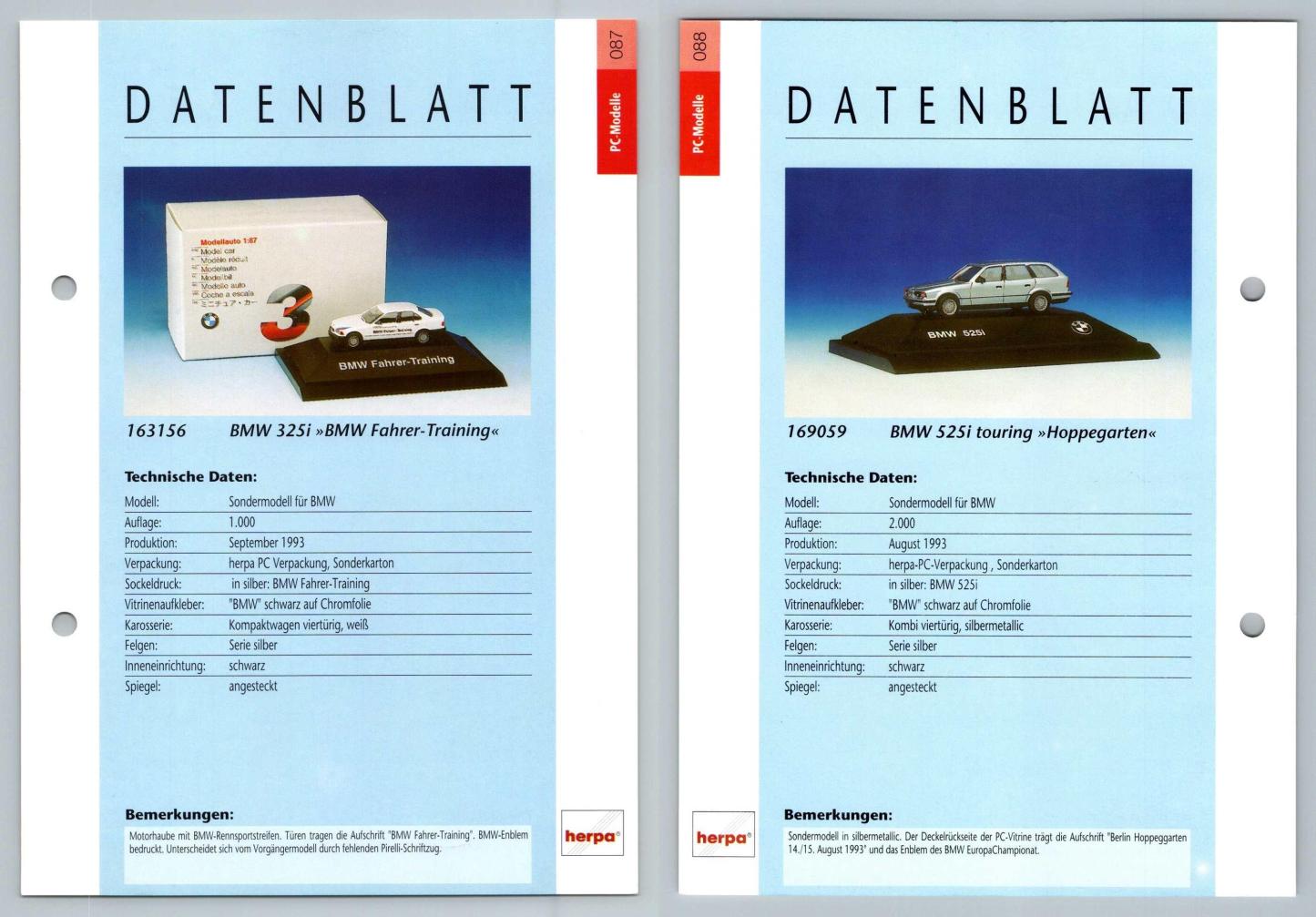 BMW 325i / 525i Touring # 87/88 PC-Modelle - Herpa Data Sheet-Breakoutcards