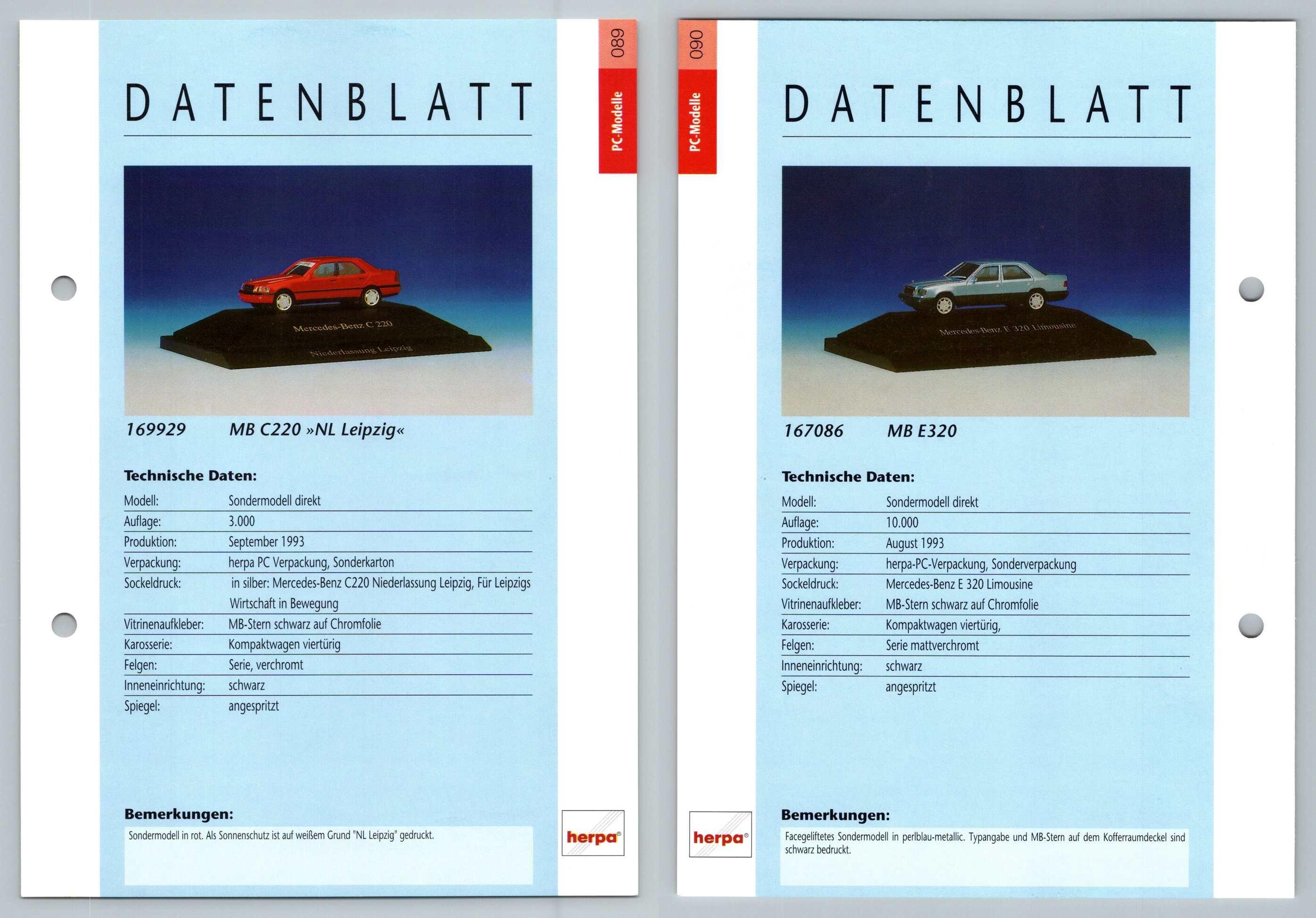 Mercedes Benz C220 / E320 #89/90 PC-Modelle - Herpa Data Sheet-Breakoutcards