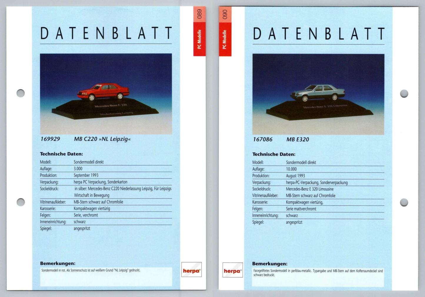 Mercedes Benz C220 / E320 #89/90 PC-Modelle - Herpa Data Sheet-Breakoutcards