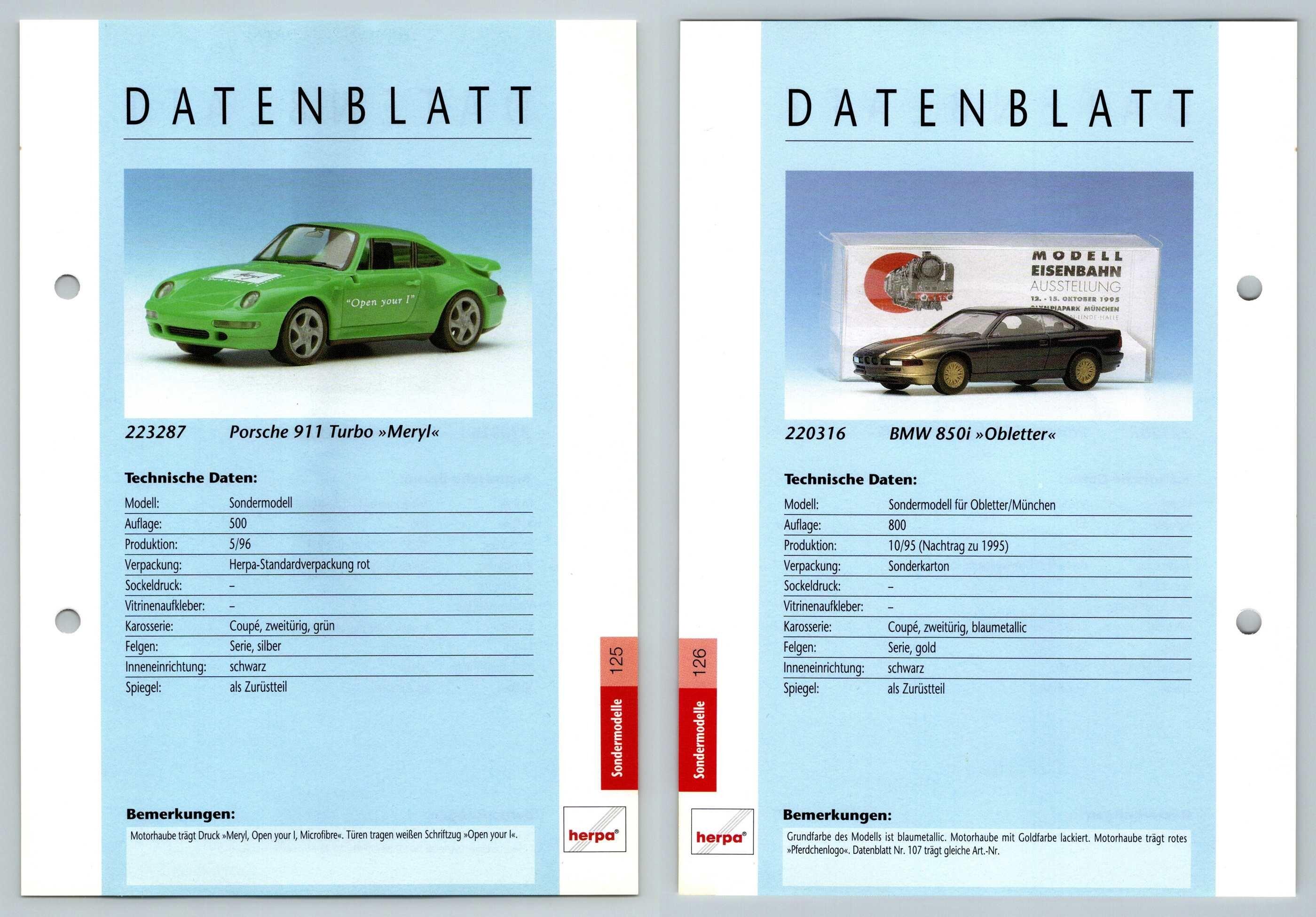 Porsche 911 Turbo / BMW 850i #125/126 Sondermodelle - Herpa Data Sheet-Breakoutcards