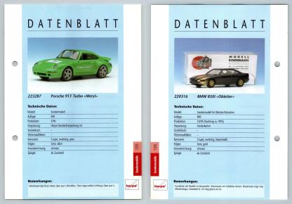 Porsche 911 Turbo / BMW 850i #125/126 Sondermodelle - Herpa Data Sheet-Breakoutcards