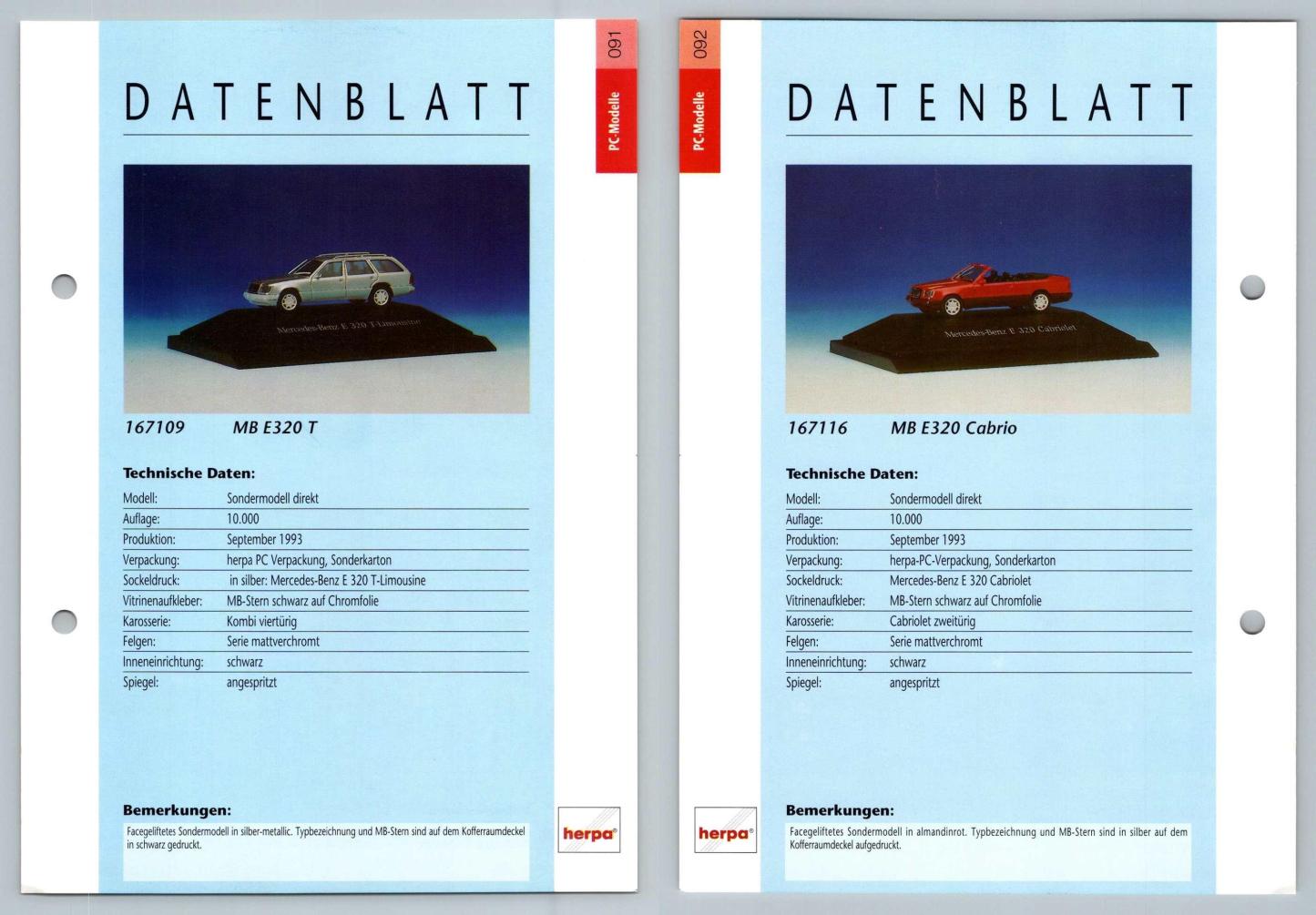 Mercedes Benz E320 T / E320 Cabrio #91/2 PC-Modelle - Herpa Data Sheet-Breakoutcards