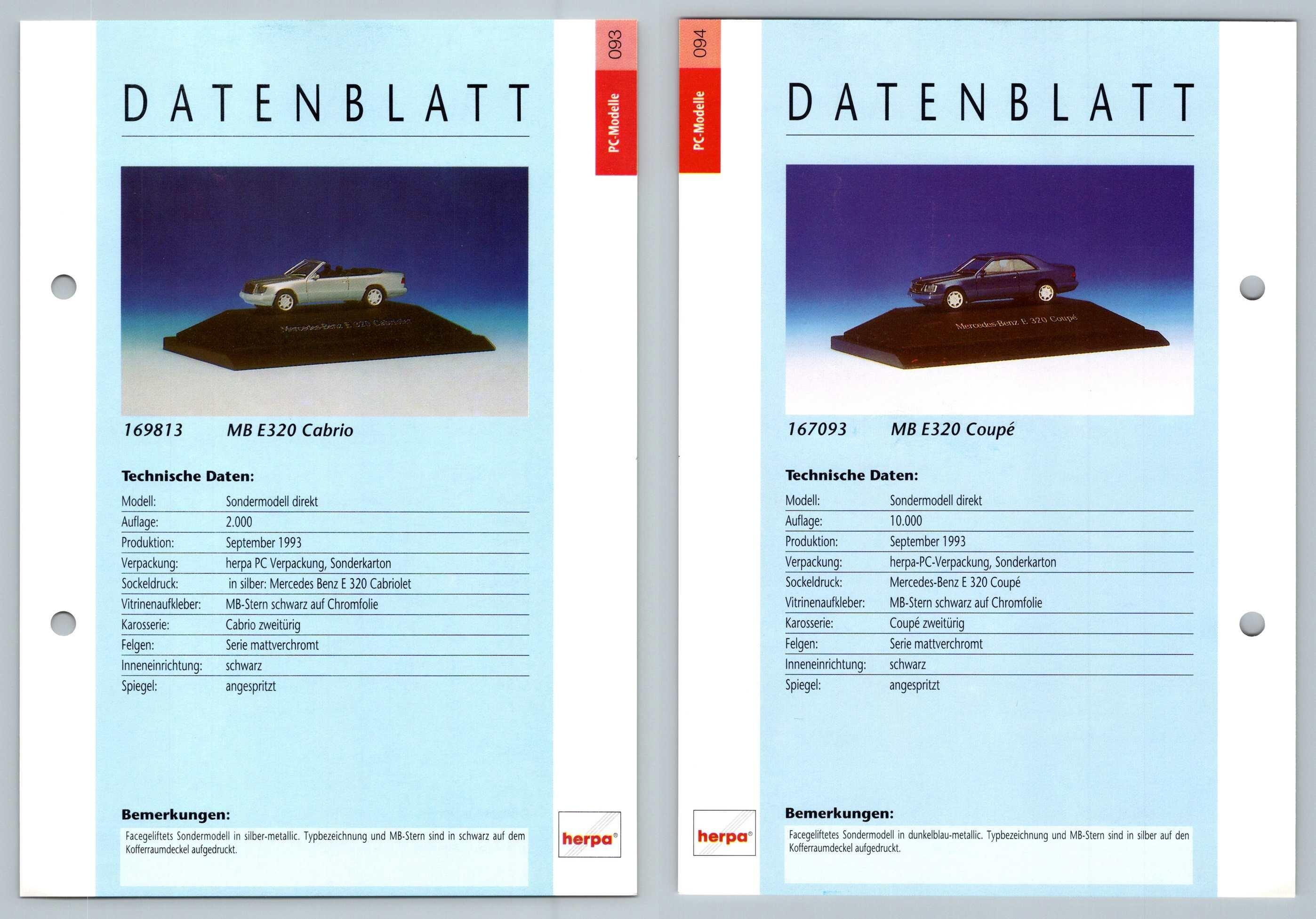 Mercedes Benz E320 Cabrio / E320 Coupe #93/4 PC-Modelle - Herpa Data Sheet-Breakoutcards