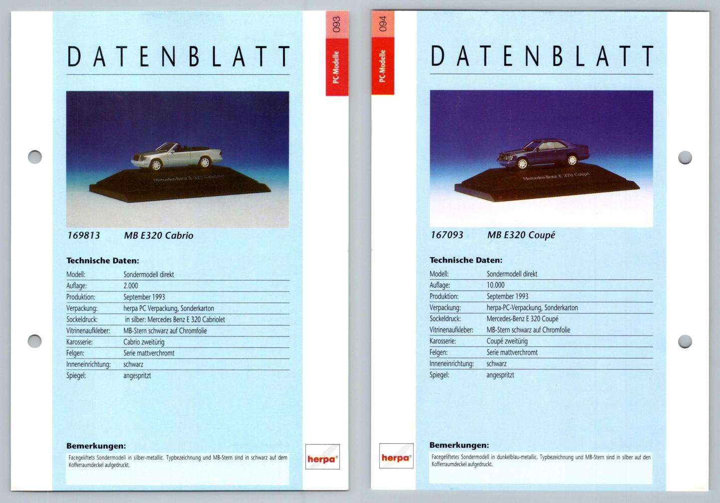 Mercedes Benz E320 Cabrio / E320 Coupe #93/4 PC-Modelle - Herpa Data Sheet-Breakoutcards