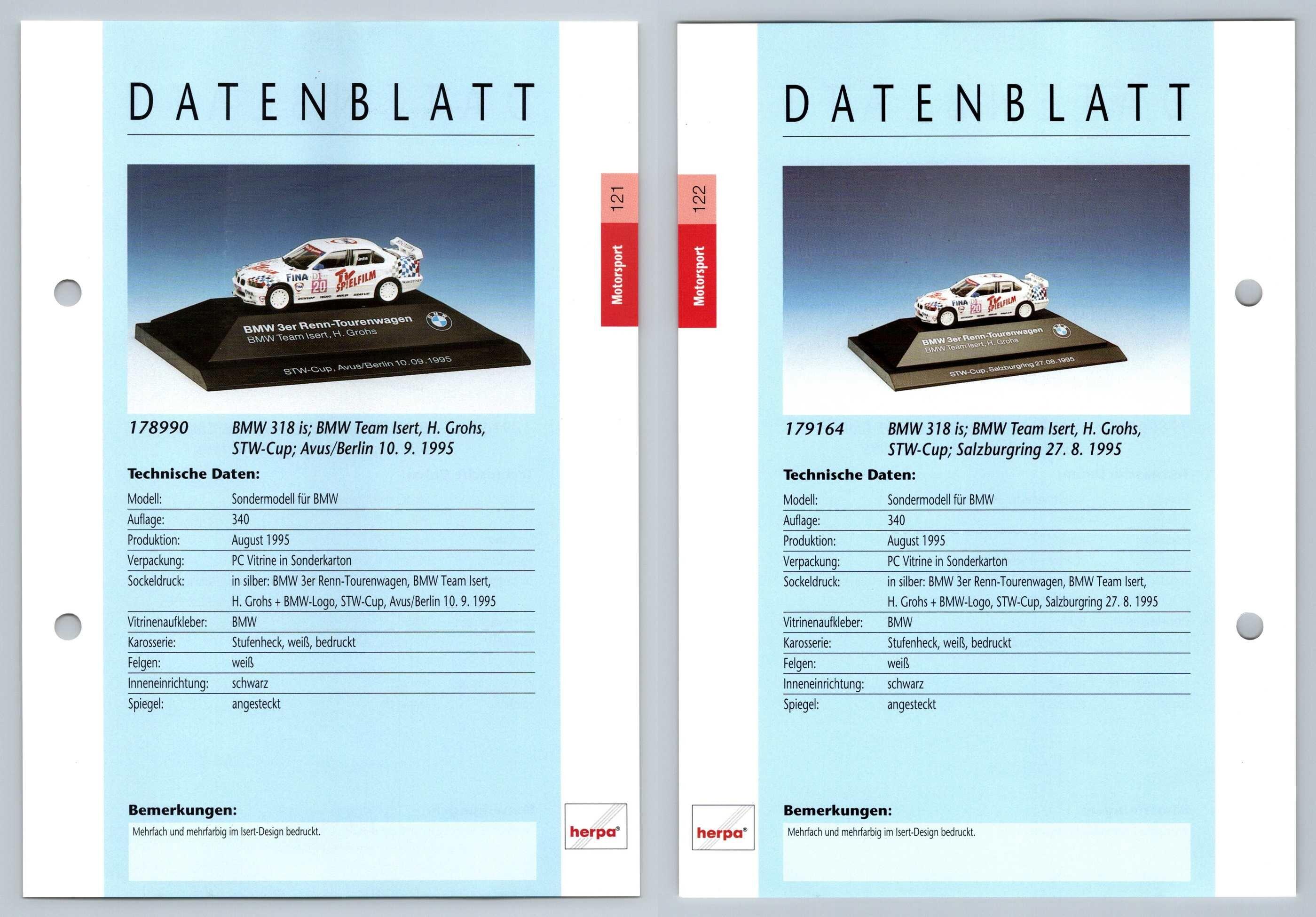 BMW 318 is #121/122 Motorsport - Herpa Data Sheet-Breakoutcards