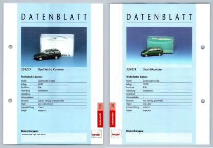 Opel Vectra Caravan / Seat Alhambra #129/130 Sondermodelle - Herpa Data Sheet-Breakoutcards