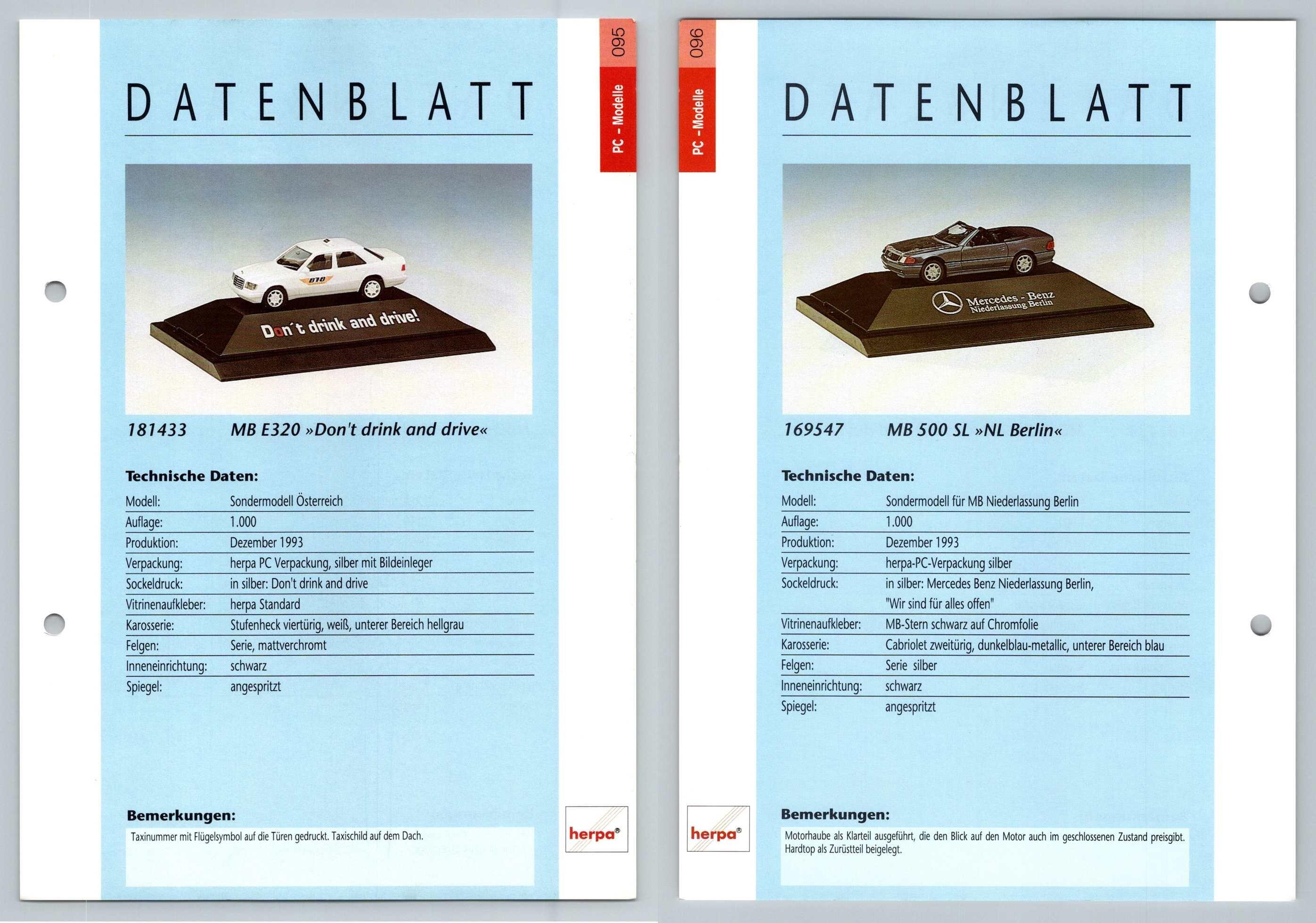 Mercedes Benz E320 / 500 SL #95/6 PC-Modelle - Herpa Data Sheet-Breakoutcards
