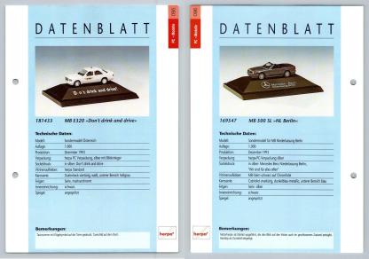 Mercedes Benz E320 / 500 SL #95/6 PC-Modelle - Herpa Data Sheet-Breakoutcards