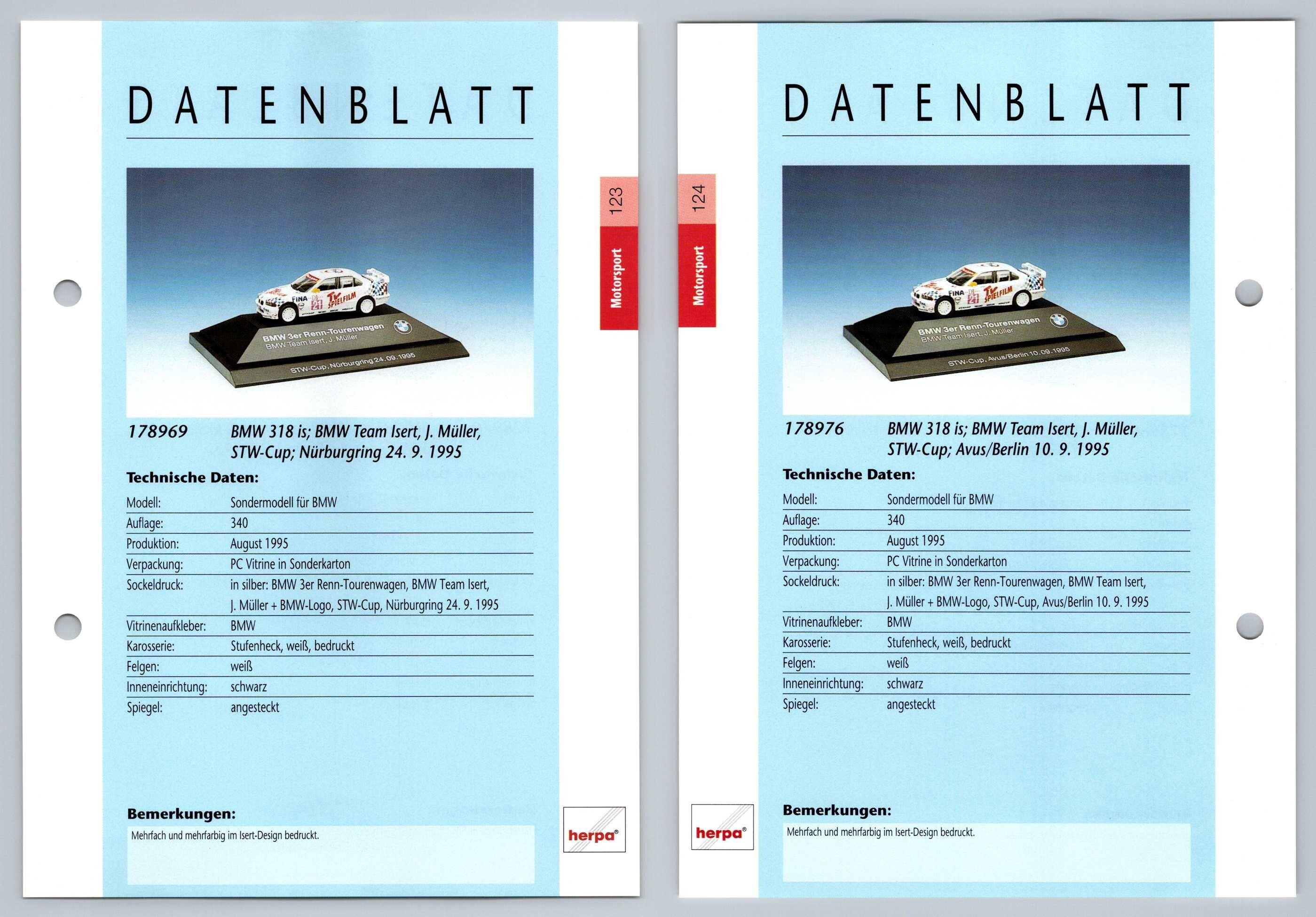 BMW 318 is #123/124 Motorsport - Herpa Data Sheet-Breakoutcards