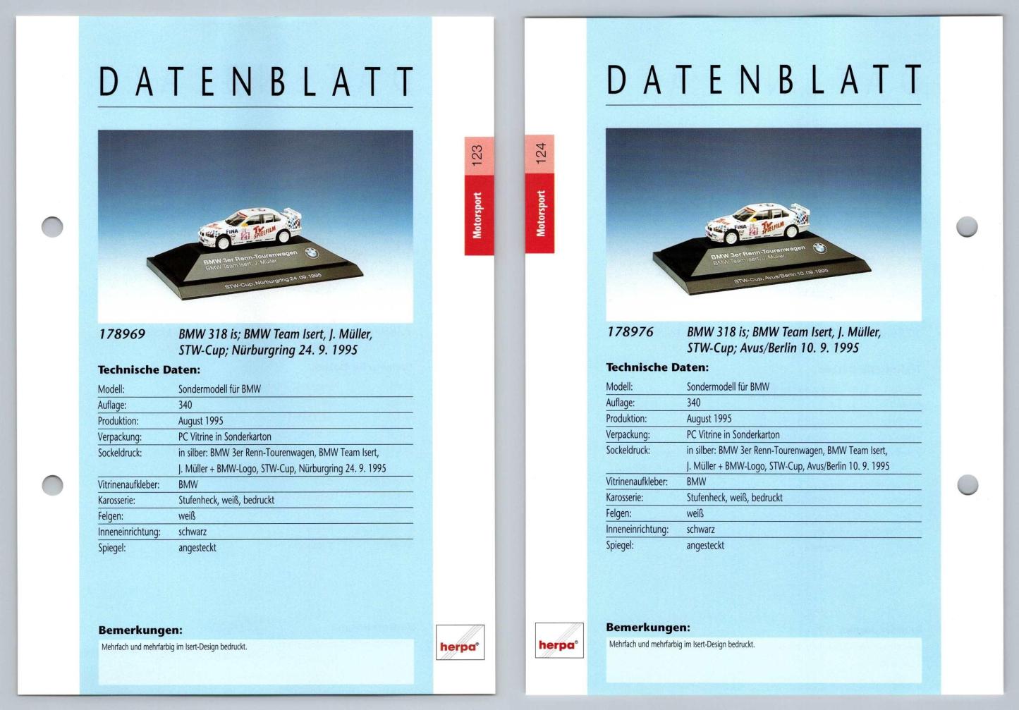 BMW 318 is #123/124 Motorsport - Herpa Data Sheet-Breakoutcards
