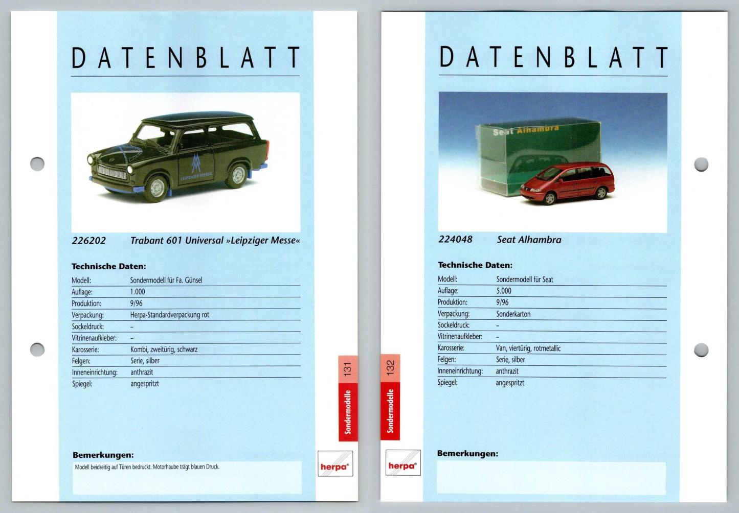 Trabant 601 / Seat Alhambra #131/132 Sondermodelle - Herpa Data Sheet-Breakoutcards