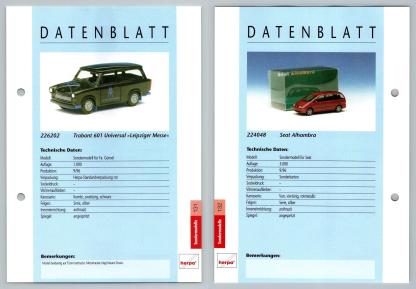 Trabant 601 / Seat Alhambra #131/132 Sondermodelle - Herpa Data Sheet-Breakoutcards